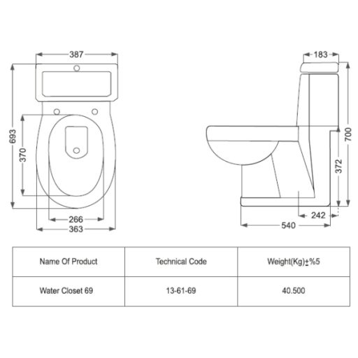 ابعاد توالت فرنگی مروارید مدل رومینا